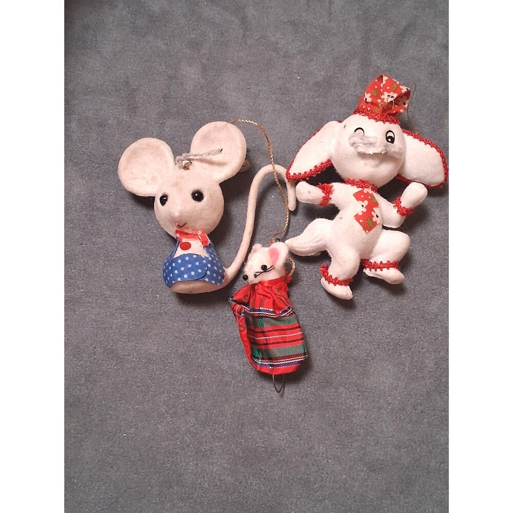 Vintage Flocked Mouse Dog Christmas Ornaments Lot of 3